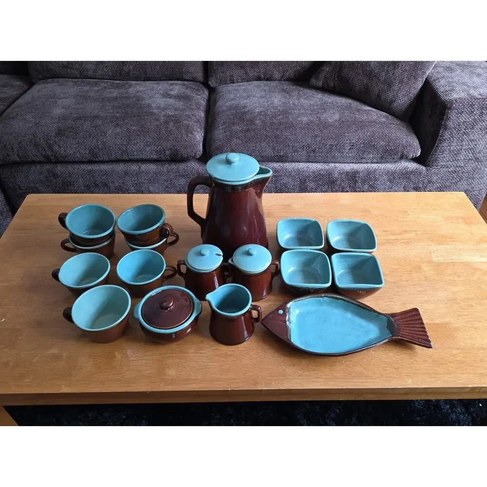 21 pc Zanesville Stoneware Pottery Teal Brown County Fair Casserole Set 1940s